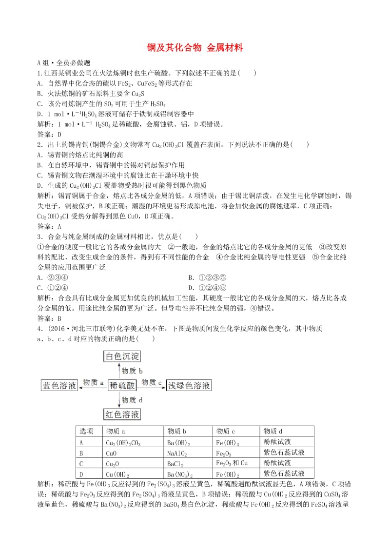 高考化学总复习 配餐作业9 铜及其化合物 金属材料_第1页