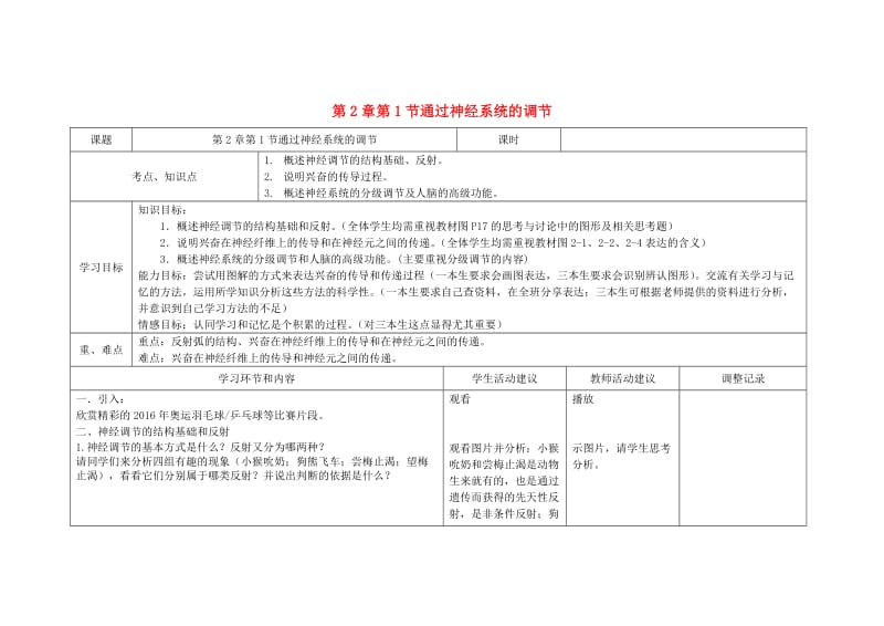 高二生物《第2章 第1节 神经系统的调节》教学设计_第1页