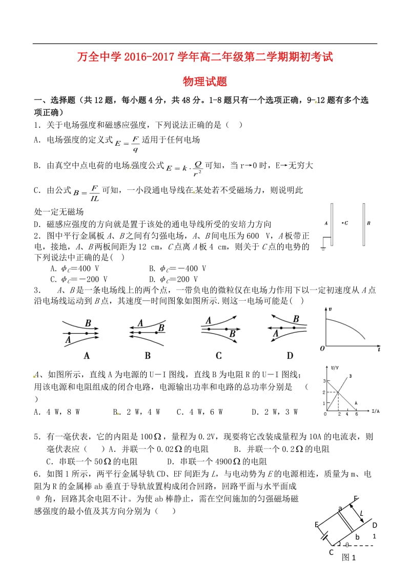 河北省张家口市万全中学2016-2017学年高二物理下学期期初考试试题_第1页