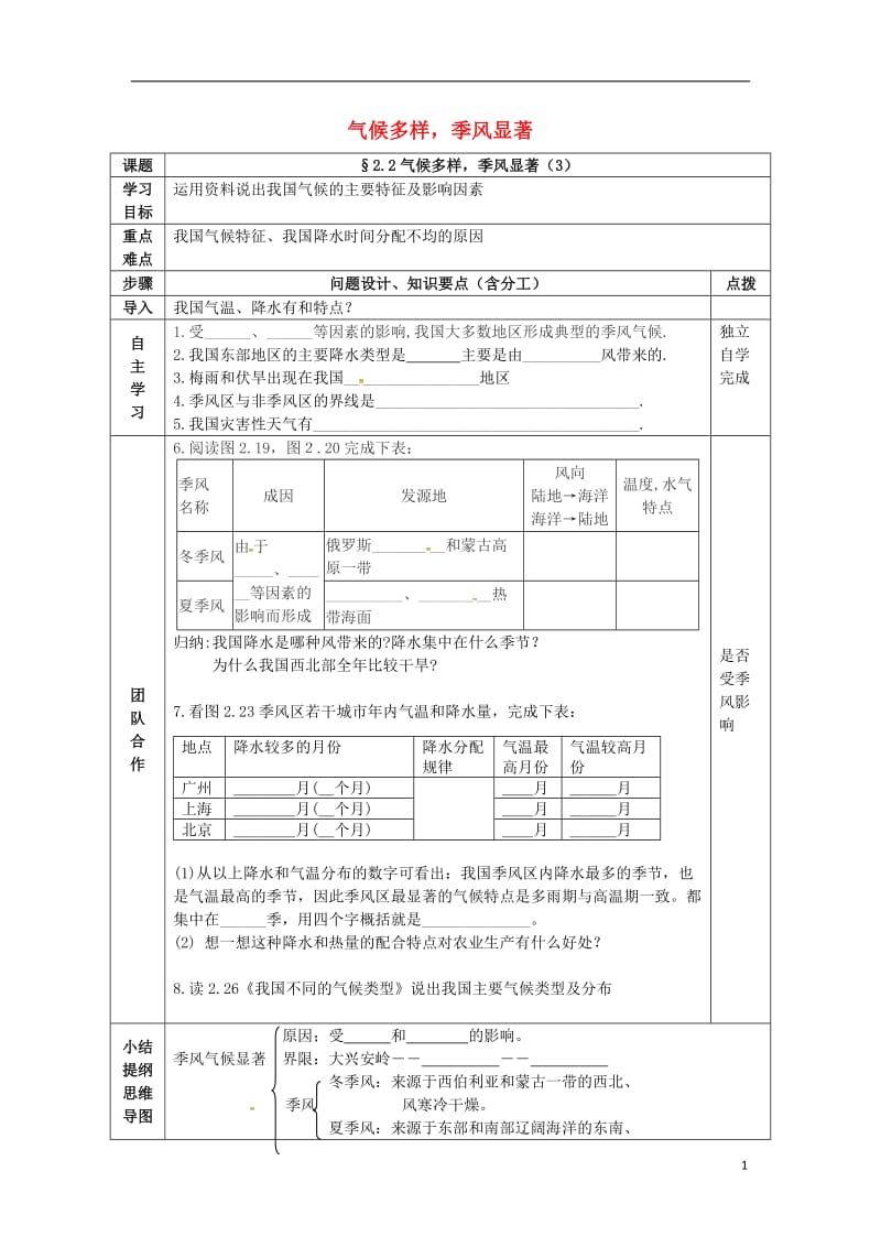 八年级地理上册 2_2 气候多样 季风显著学案3（新版）新人教版_第1页