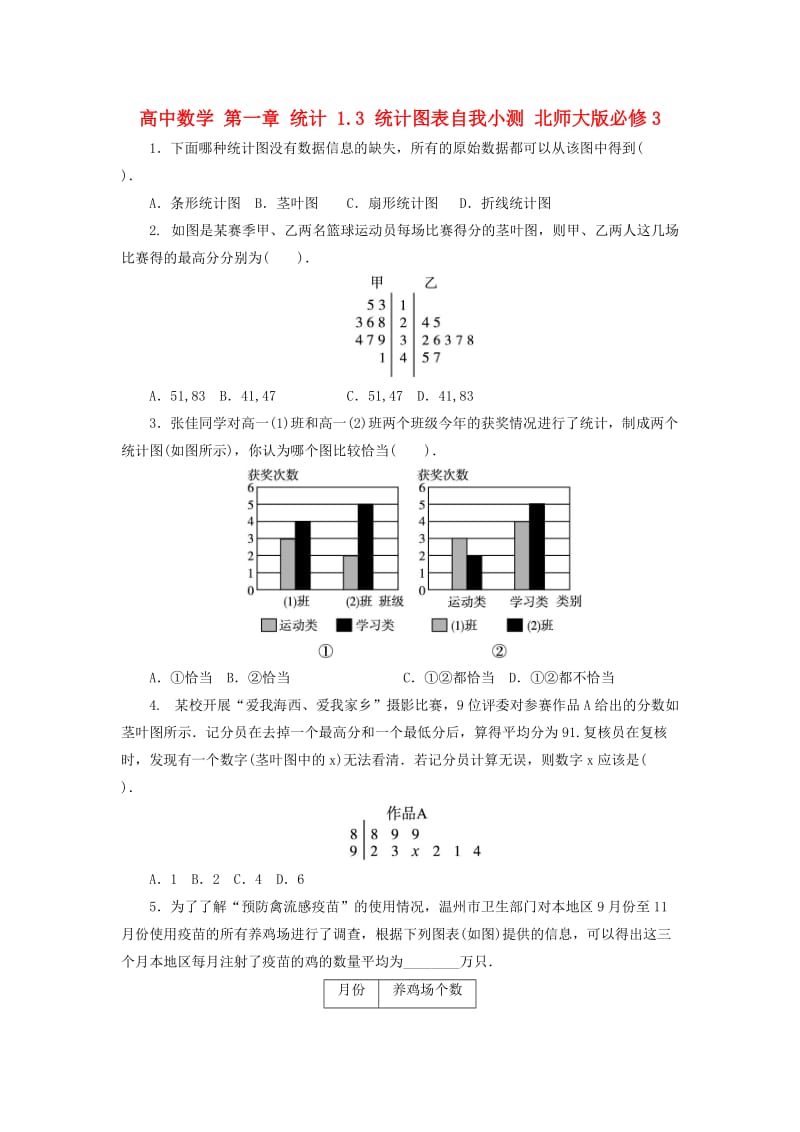 高中数学 第一章 统计 1_3 统计图表自我小测 北师大版必修31_第1页