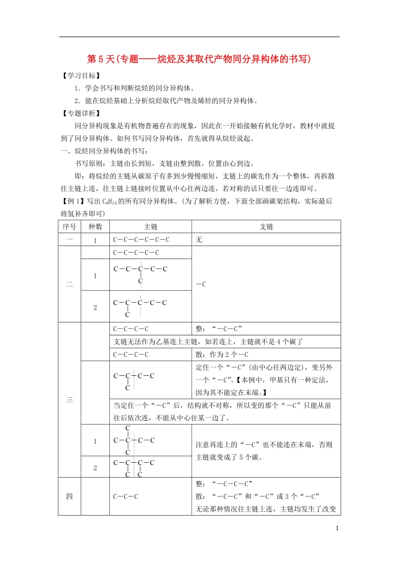 安徽省舒城中学2016-2017学年高二化学寒假作业第5天专题-烷烃及其取代产物同分异构体的书写_第1页