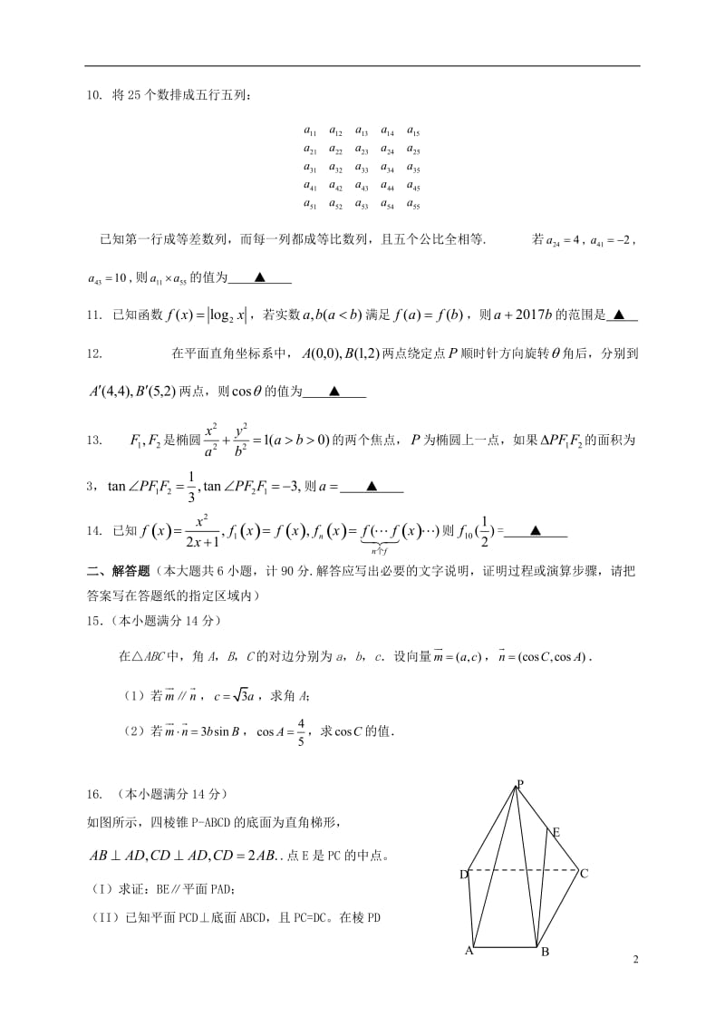 江苏省丹阳市2017届高三数学上学期期初考试试题_第2页