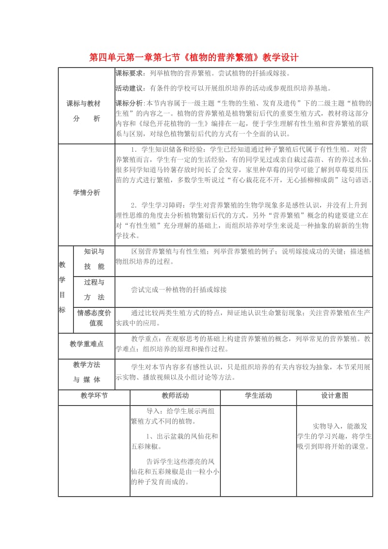 八年级生物上册 第四单元 第一章 第七节 植物的营养繁殖教学设计 （新版）济南版_第1页