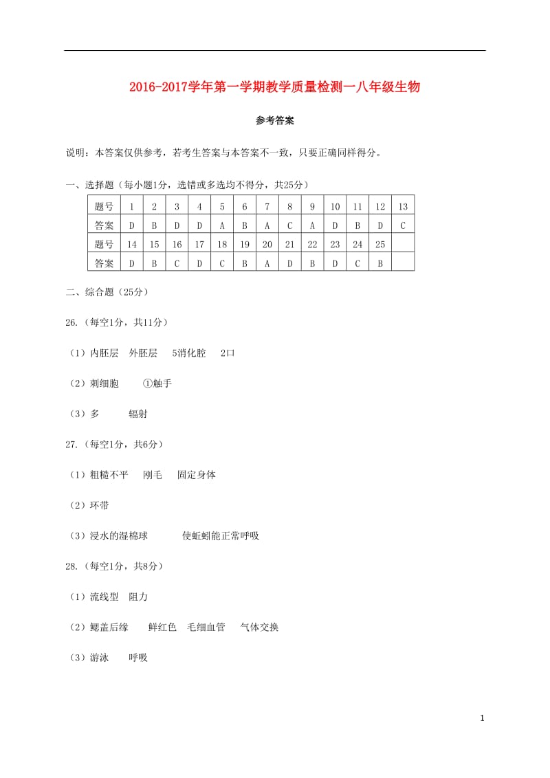 河北省秦皇岛市青龙县2016-2017学年八年级生物上学期第一次质量检测试题答案_第1页