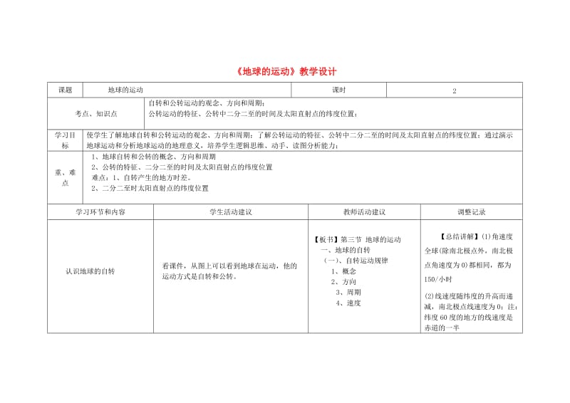 高一地理《地球运动》教学设计_第1页