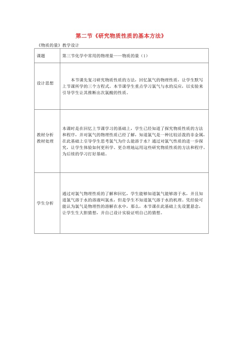 高中化学 1.2 研究物质性质的方法和性质教学设计4 鲁科版必修1_第1页