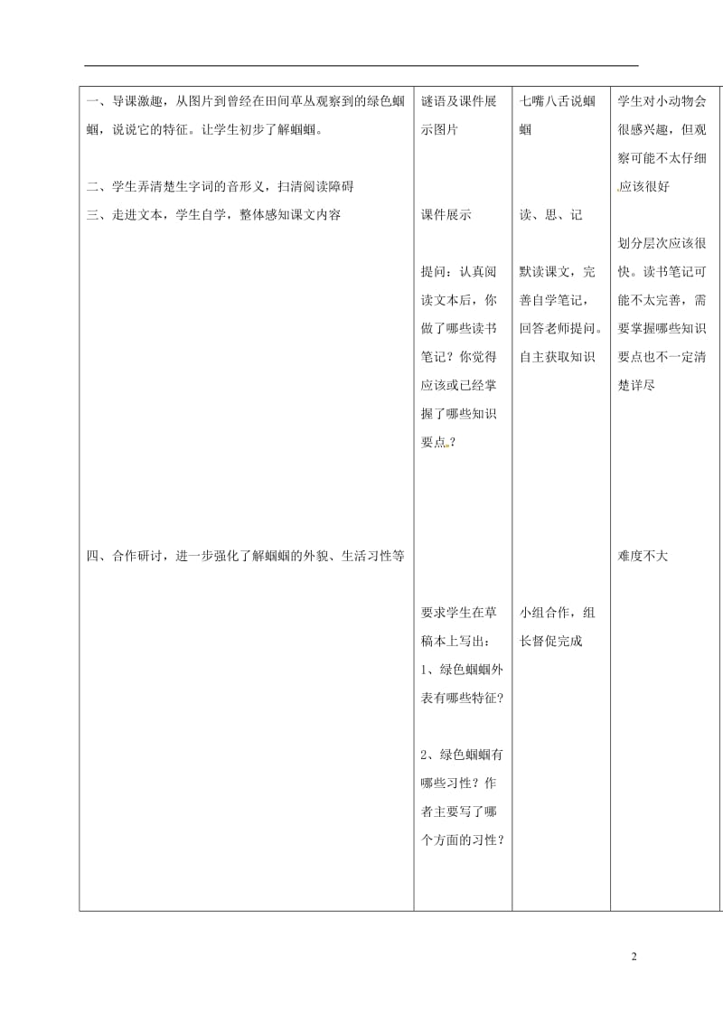 四川省华蓥市明月镇小学七年级语文上册23绿色蝈蝈教案1新版新人教版_第2页