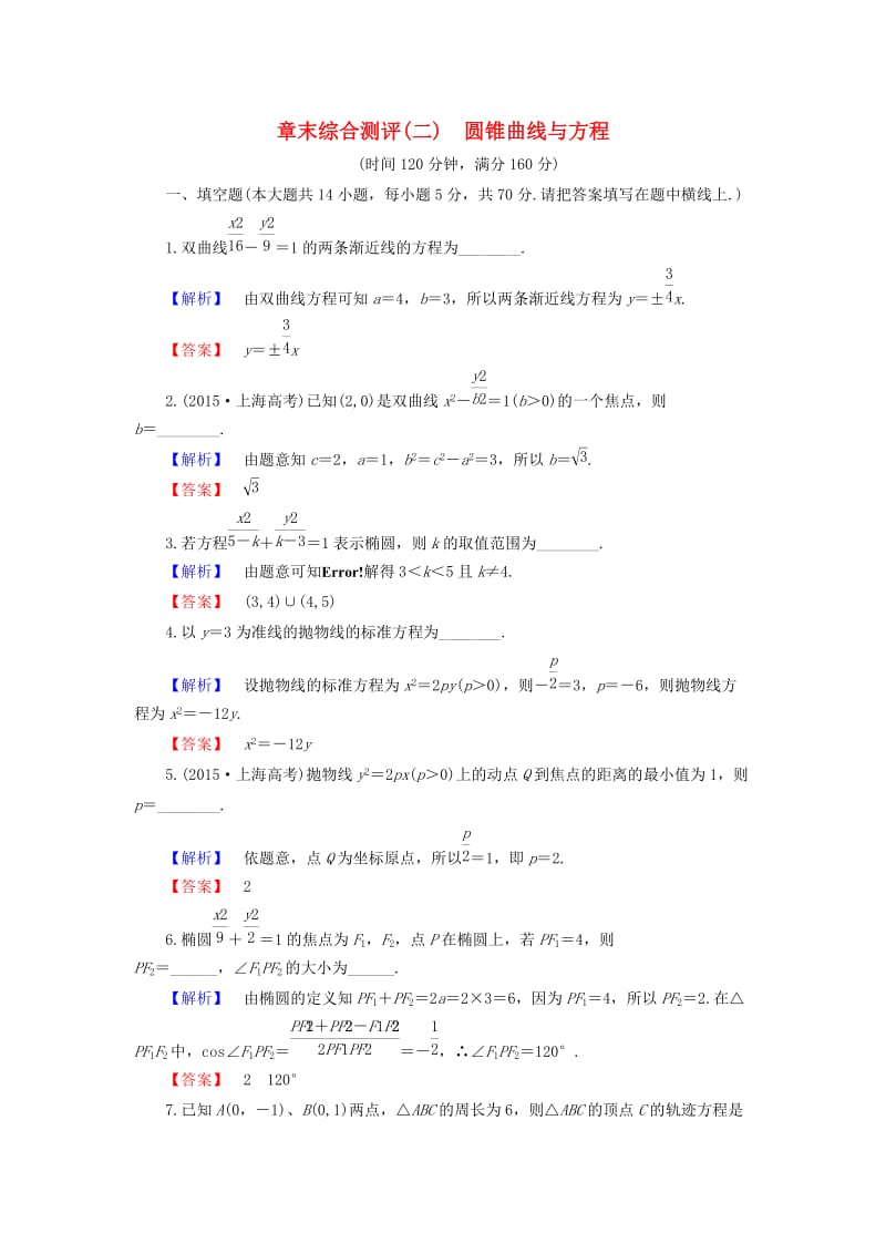 高中数学 第2章 圆锥曲线与方程章末综合检测 苏教版_第1页