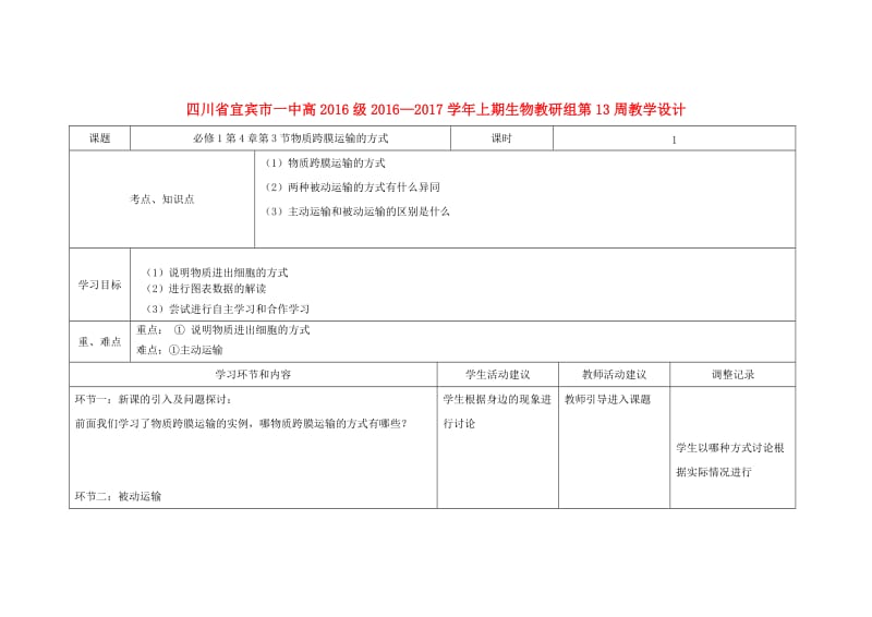 高一生物上学期第13周教学设计（物质跨膜运输的方式）_第1页