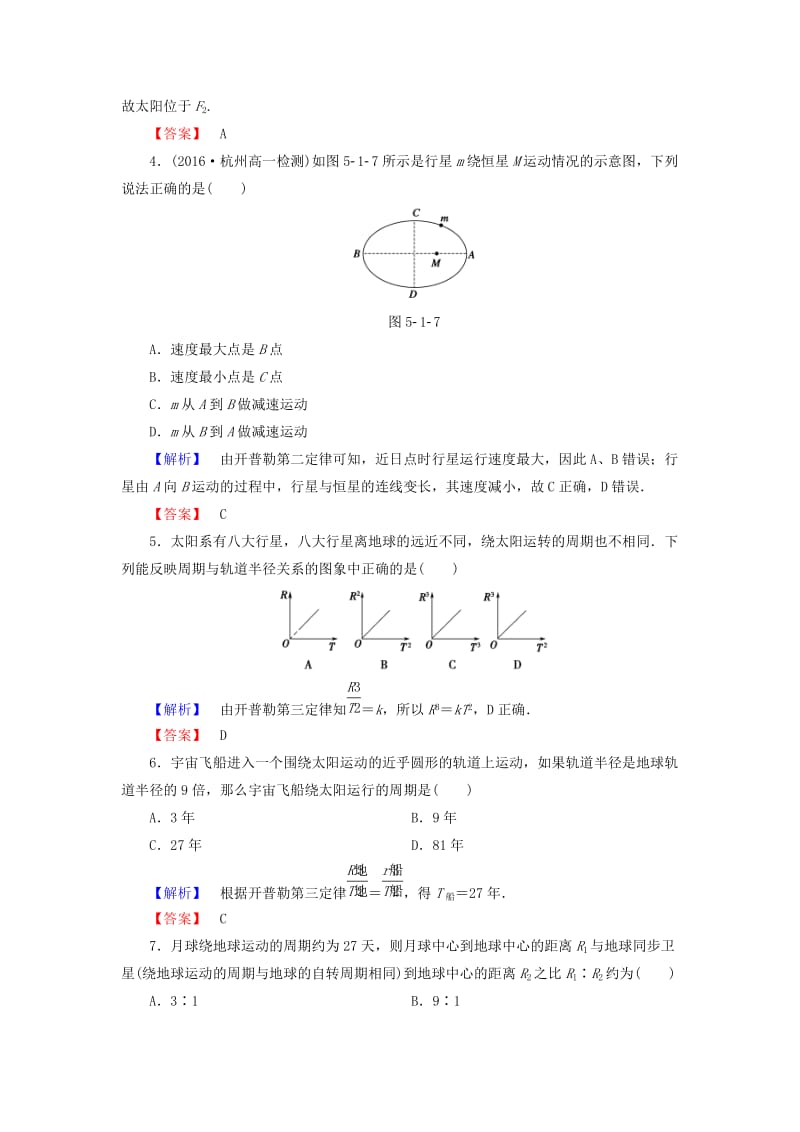 高中物理 第5章 万有引力与航天 5_1 从托勒密到开普勒学业分层测评 沪科版必修2_第2页