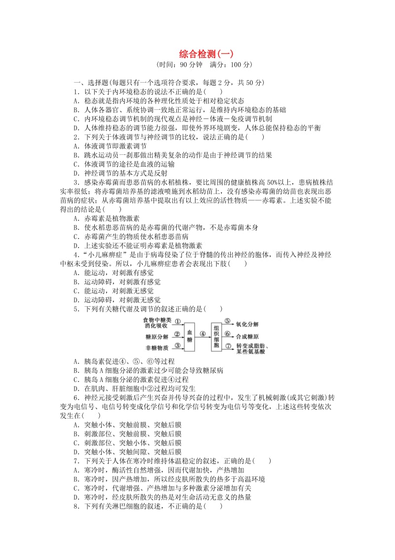 高中生物 综合检测（一）苏教版必修3_第1页