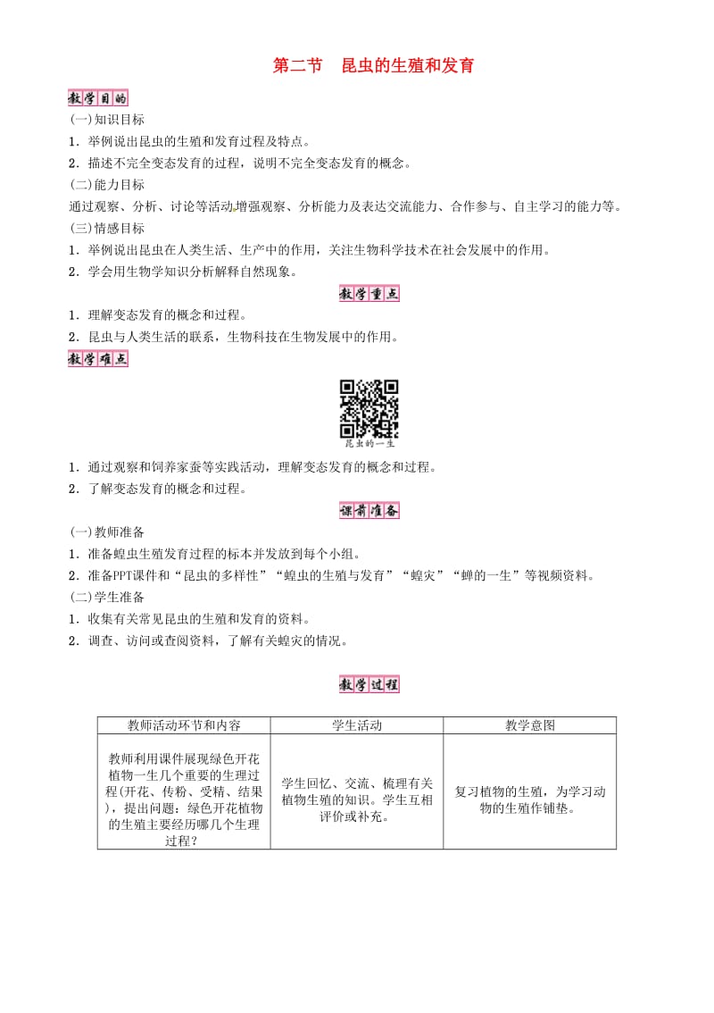 八年级生物下册 第七单元 第一章 第二节 昆虫的生殖和发育教案 （新版）新人教版_第1页