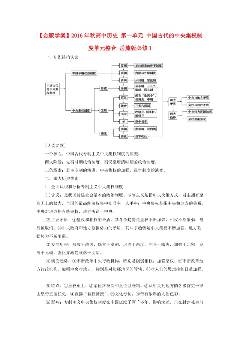 高中历史 第一单元 中国古代的中央集权制度单元整合 岳麓版必修1 (2)_第1页
