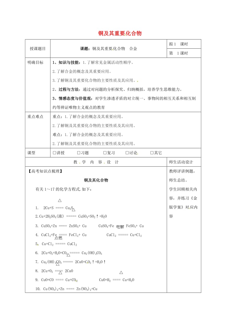 高三化学一轮复习 铜及其重要化合物教学设计_第1页