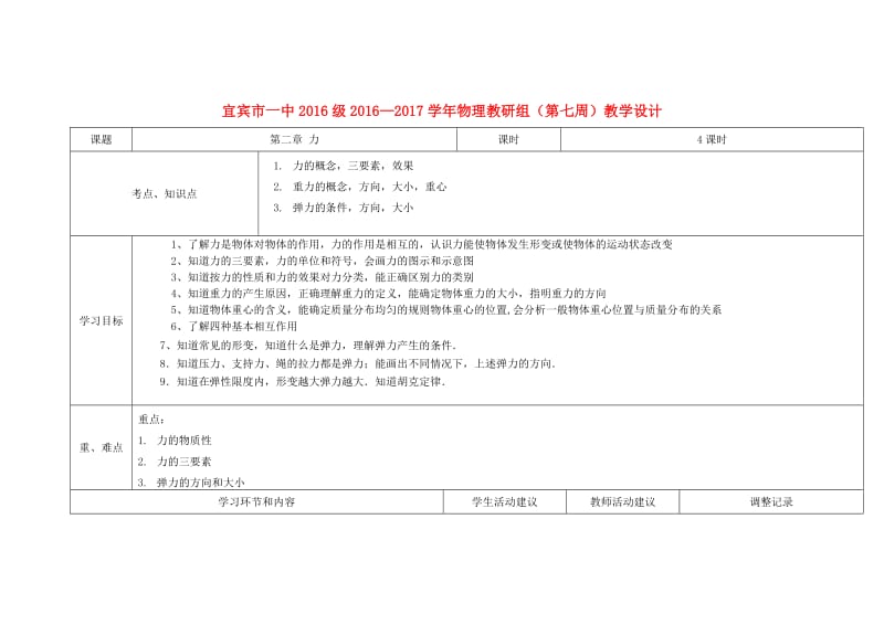 高一物理上学期第7周教学设计（第二章 力）_第1页