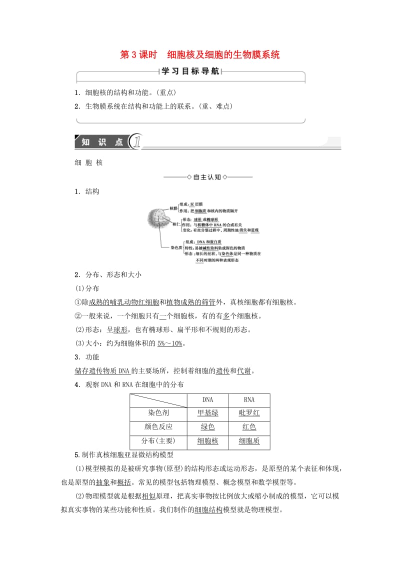 高中生物 第3章 细胞的结构和功能 第2节 细胞的类型和结构（第3课时）细胞核及细胞的生物膜系统学案 苏教版必修1_第1页