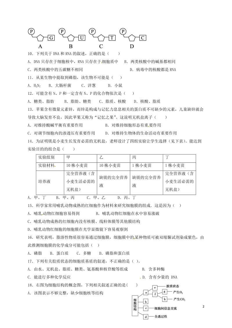 河北省张家口一中西校区万全中学2016-2017学年高一生物下学期期初考试试题_第2页