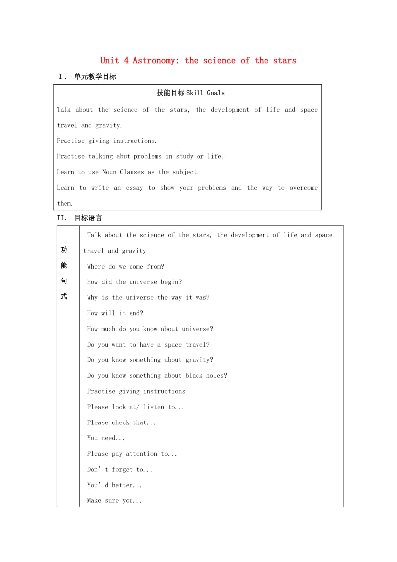 高中英语 Unit 4 Astronomy the science of the stars教案 新人教版必修3_第1页