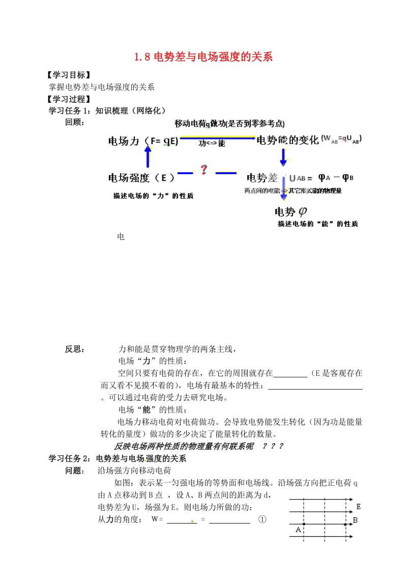 高中物理 第一章 静电场 1_8 电势差与电场强度的关系1学案新人教版选修3-1_第1页