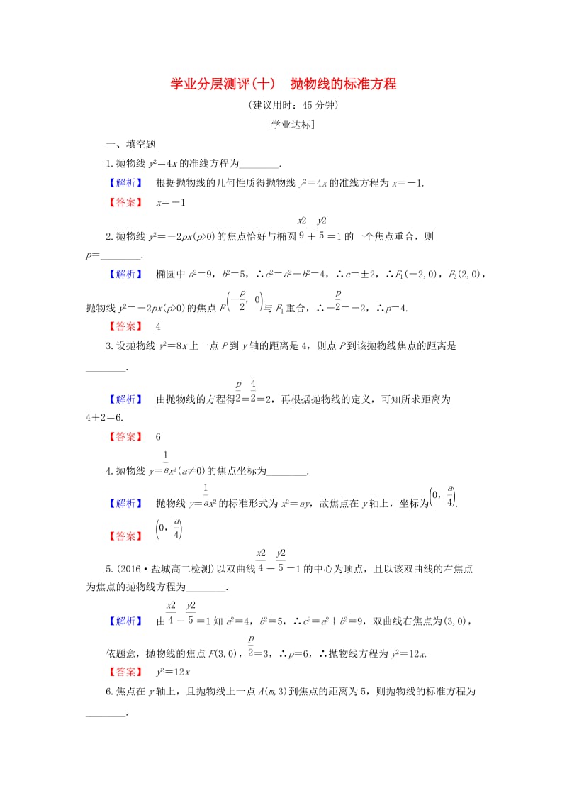 高中数学 第2章 圆锥曲线与方程 2.4.1 抛物线的标准方程学业分层测评 苏教版_第1页