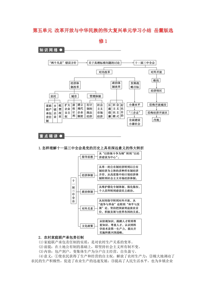 高中历史 第五单元 改革开放与中华民族的伟大复兴单元学习小结 岳麓版选修1_第1页