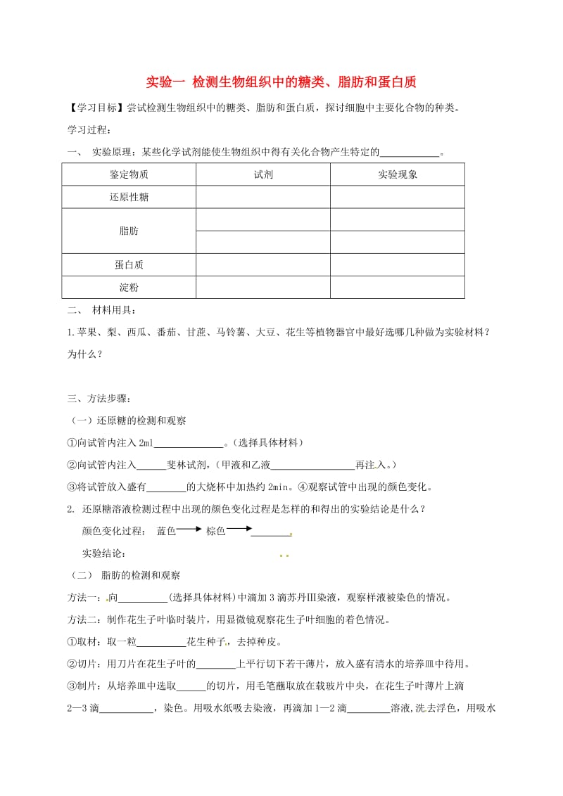 高中生物 实验一 检测生物组织中的糖类、脂肪和蛋白质学案新人教版必修1_第1页