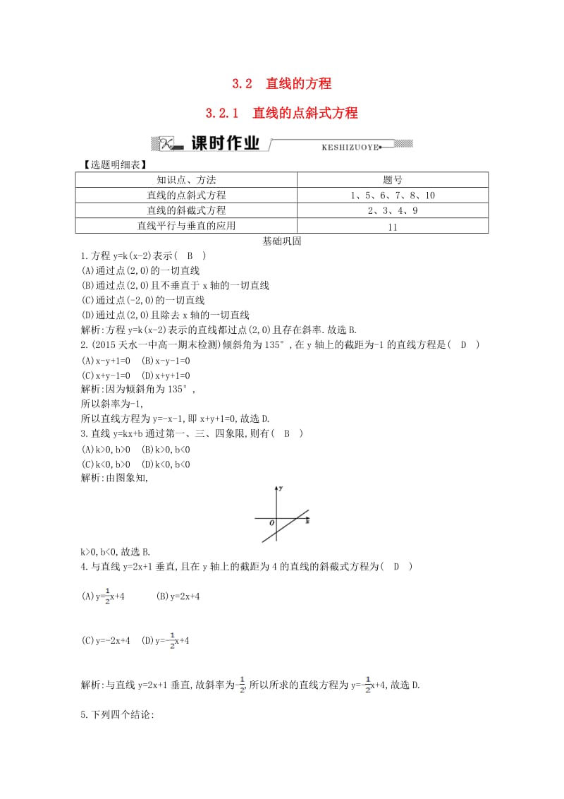 高中数学 第三章 直线与方程 3.2.1 直线的点斜式方程课时作业 新人教A版必修2_第1页