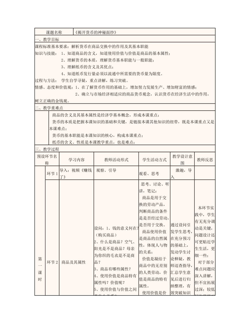 高一政治 揭开货币的神秘面纱教学设计_第1页