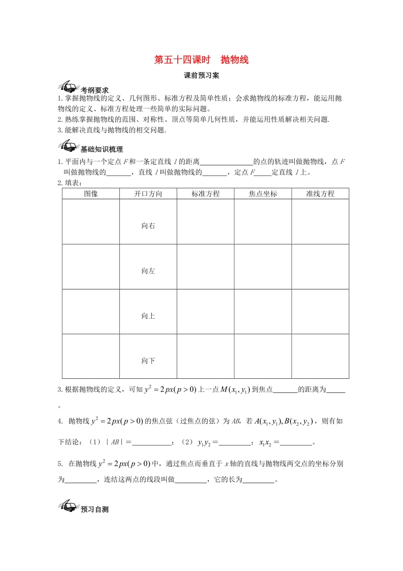 高考数学一轮复习 54 抛物线学案 理_第1页