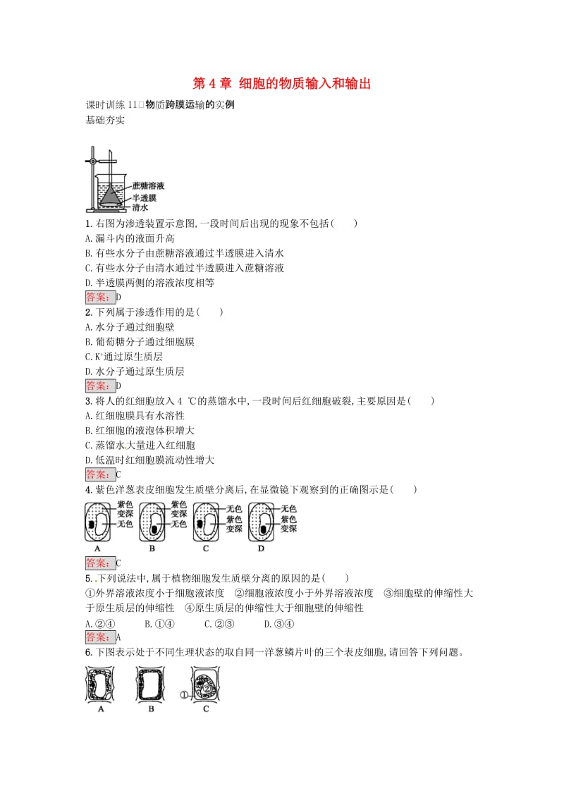 高中生物 4.1 物质跨膜运输的实例课时训练11 新人教版必修1_第1页