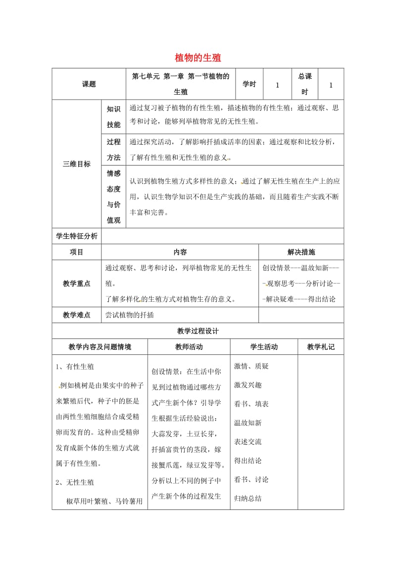 八年级生物下册 7_1_1 植物的生殖教案 新人教版_第1页