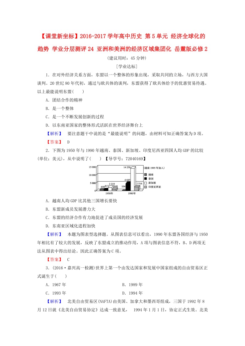 高中历史 第5单元 经济全球化的趋势 学业分层测评24 亚洲和美洲的经济区域集团化 岳麓版必修1_第1页