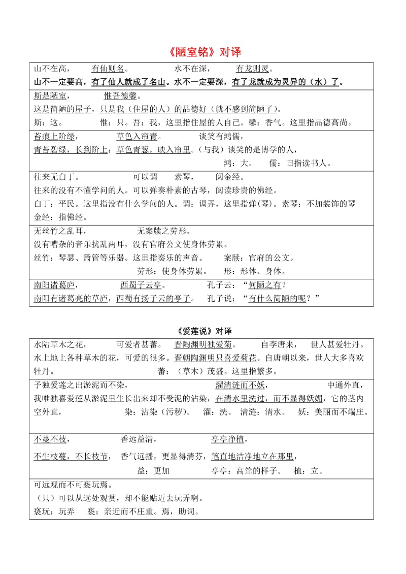 八年级语文上册 第五单元 第22课《陋室铭、爱莲说》古今文言文现代文对译 新人教版_第1页