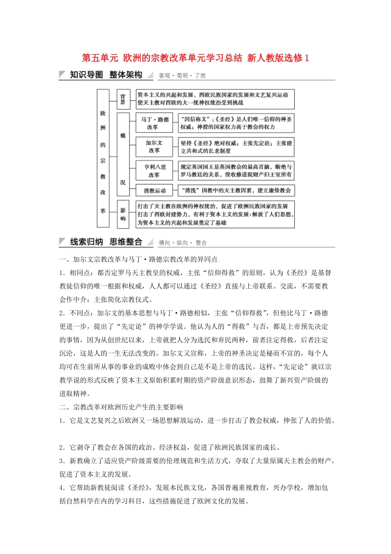 高中历史 第五单元 欧洲的宗教改革单元学习总结 新人教版选修1_第1页