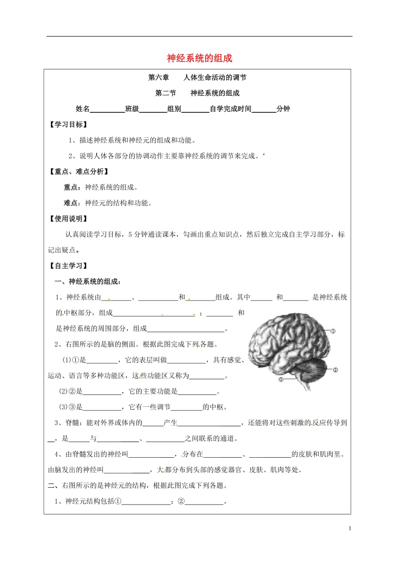 广东省台山市新宁中学七年级生物下册第4单元第6章第2节神经系统的组成导学案无答案新版新人教版_第1页