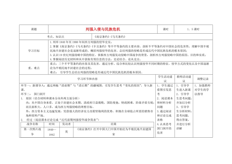 高中历史上学期第9周教学设计（列强入侵与民族危机）_第1页