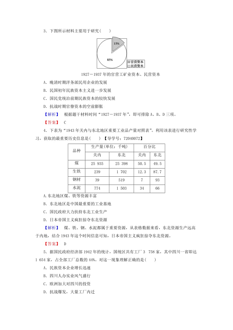 高中历史 第2单元 工业文明的崛起和对中国的冲击 学业分层测评11 民国时期民族工业的曲折发展 岳麓版必修1_第2页