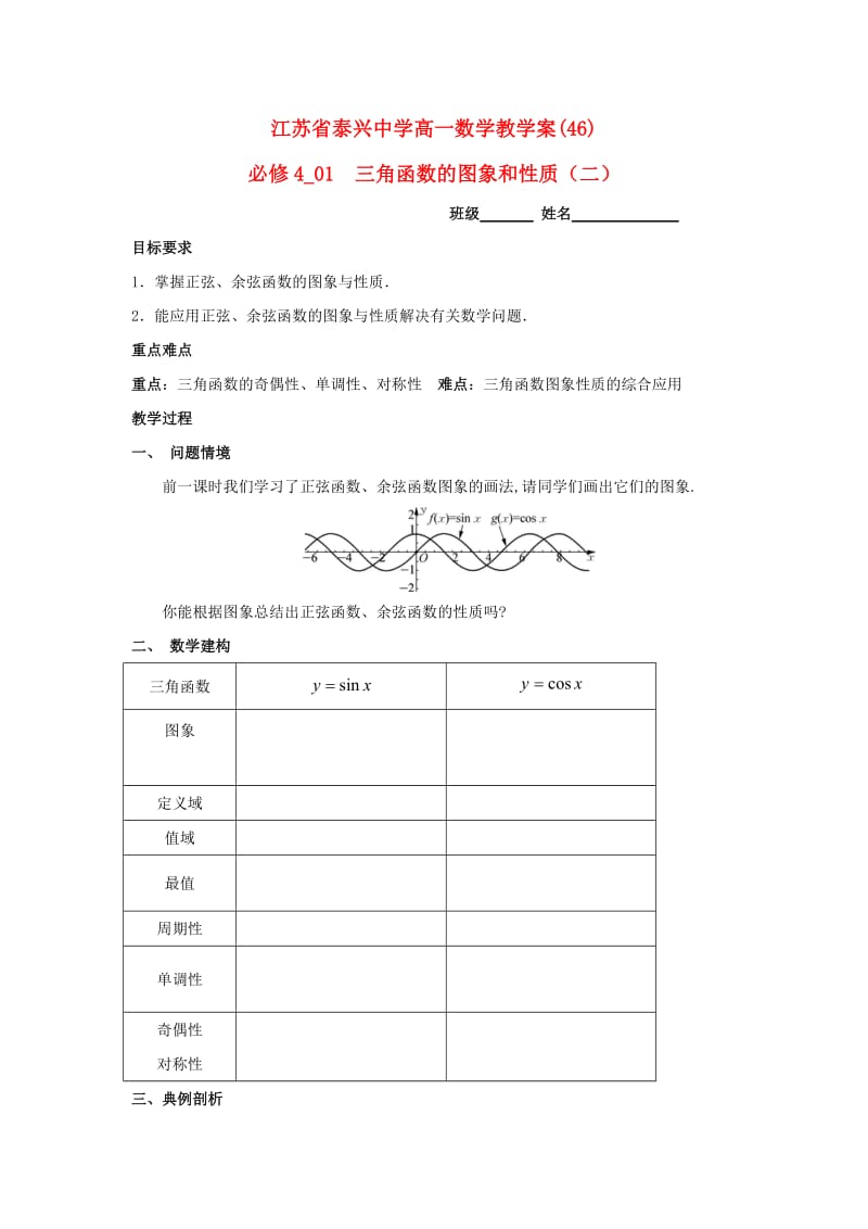 高中数学 第1章 三角函数 10 三角函数的图象和性质（2）教学案苏教版必修4_第1页