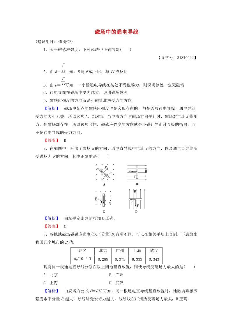 高中物理 第3章 打开电磁学的大门 第1节 磁场中的通电导线学业达标测评 鲁科版选修1-1_第1页