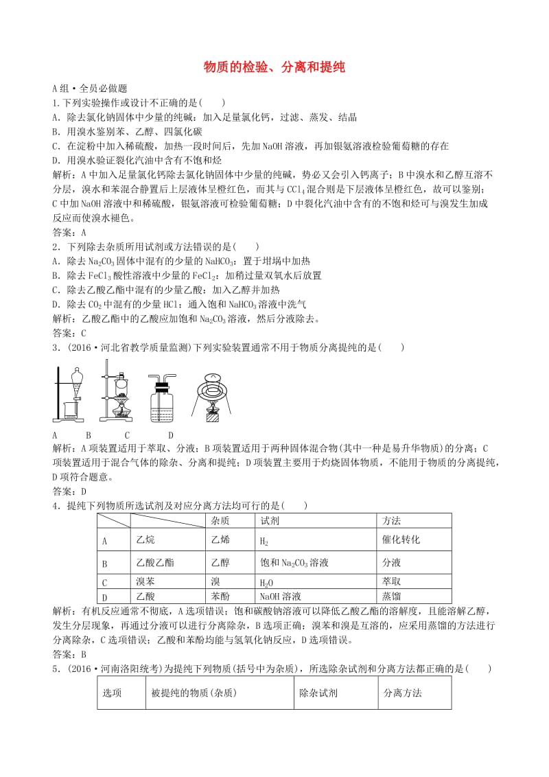 高考化学总复习 配餐作业35 物质的检验、分离和提纯_第1页