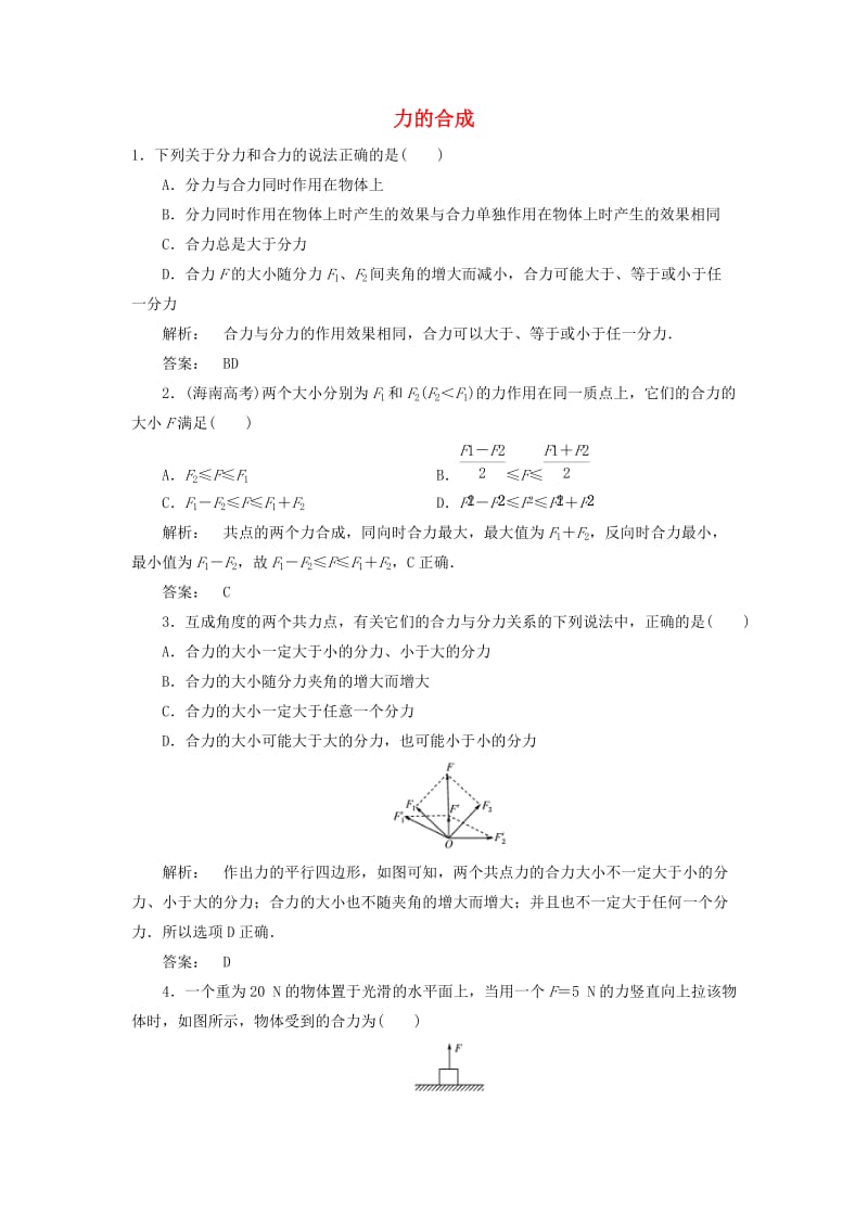 高中物理 5_1 力的合成检测 鲁科版必修1_第1页