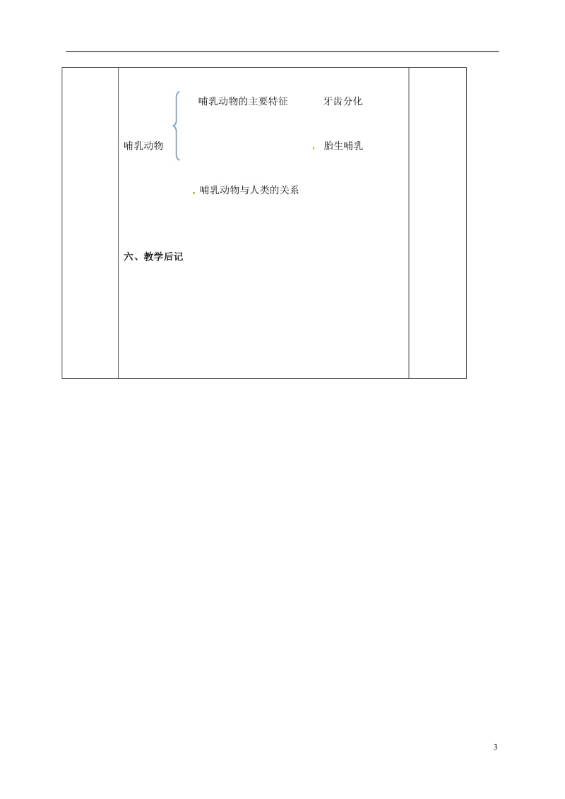 广东诗莞市寮步宏伟初级中学八年级生物上册第5单元第1章第7节哺乳动物教案新版新人教版_第3页