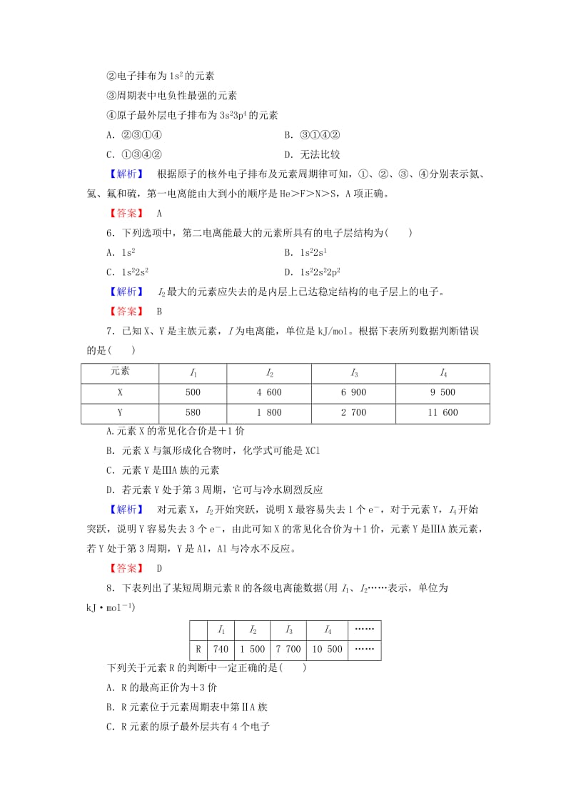 高中化学 第1章 原子结构 第3节 原子结构与元素性质（第1课时）电离能及其变化规律学业分层测评 鲁科版选修3_第2页