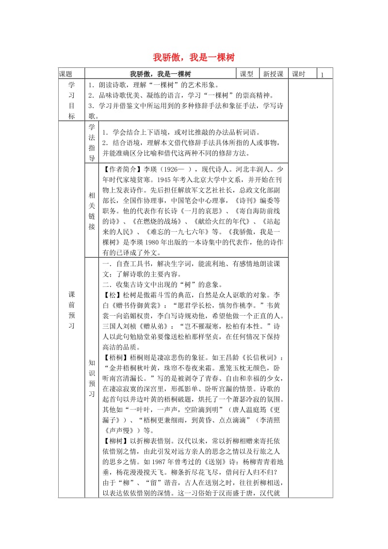 八年级语文下册 第五单元 第24课《我骄傲我是一棵树》导学案 苏教版_第1页