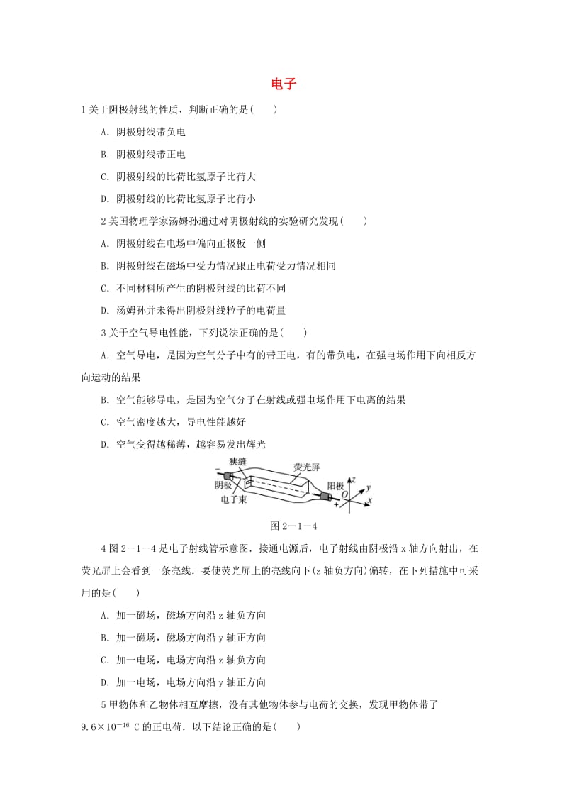 高中物理 第2章 原子结构 1 电子自我小测 教科版选修3-5_第1页