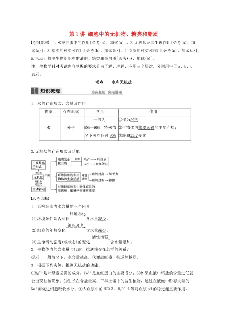 高考生物总复习 第1单元 细胞的分子组成与结构 第1讲 细胞中的无机物、糖类和脂质_第1页