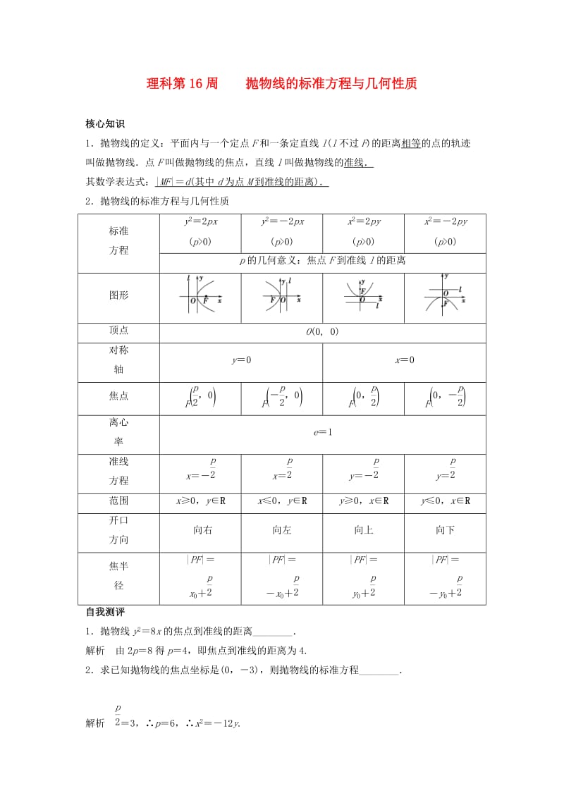 高一数学上学期周清 第16周 抛物线的标准方程与几何性质 理_第1页