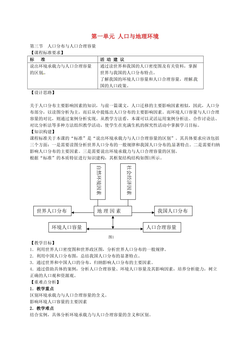 高中地理 1.3 人口分布与人口合理容量（第1课时）教案 鲁教版必修2_第1页