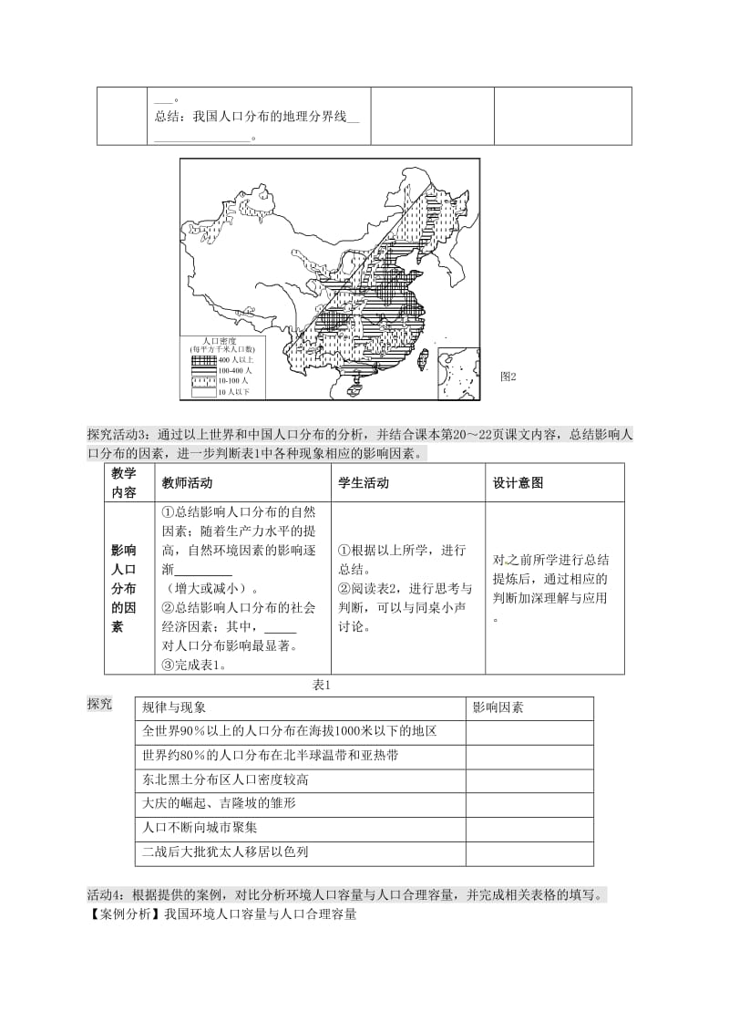 高中地理 1.3 人口分布与人口合理容量（第1课时）教案 鲁教版必修2_第3页